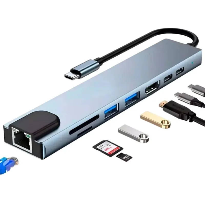 Hub Adaptador USB Tipo C 8 en 1 — HDMI 4K + RJ45 + USB + SD