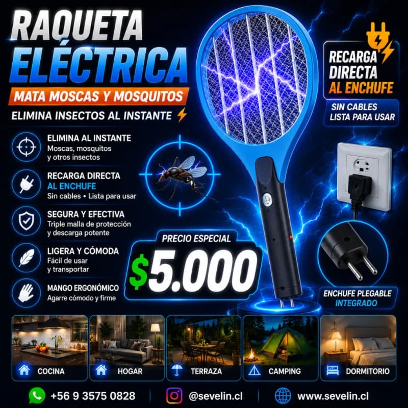 Raqueta Eléctrica Recargable Mata Moscas y Mosquitos